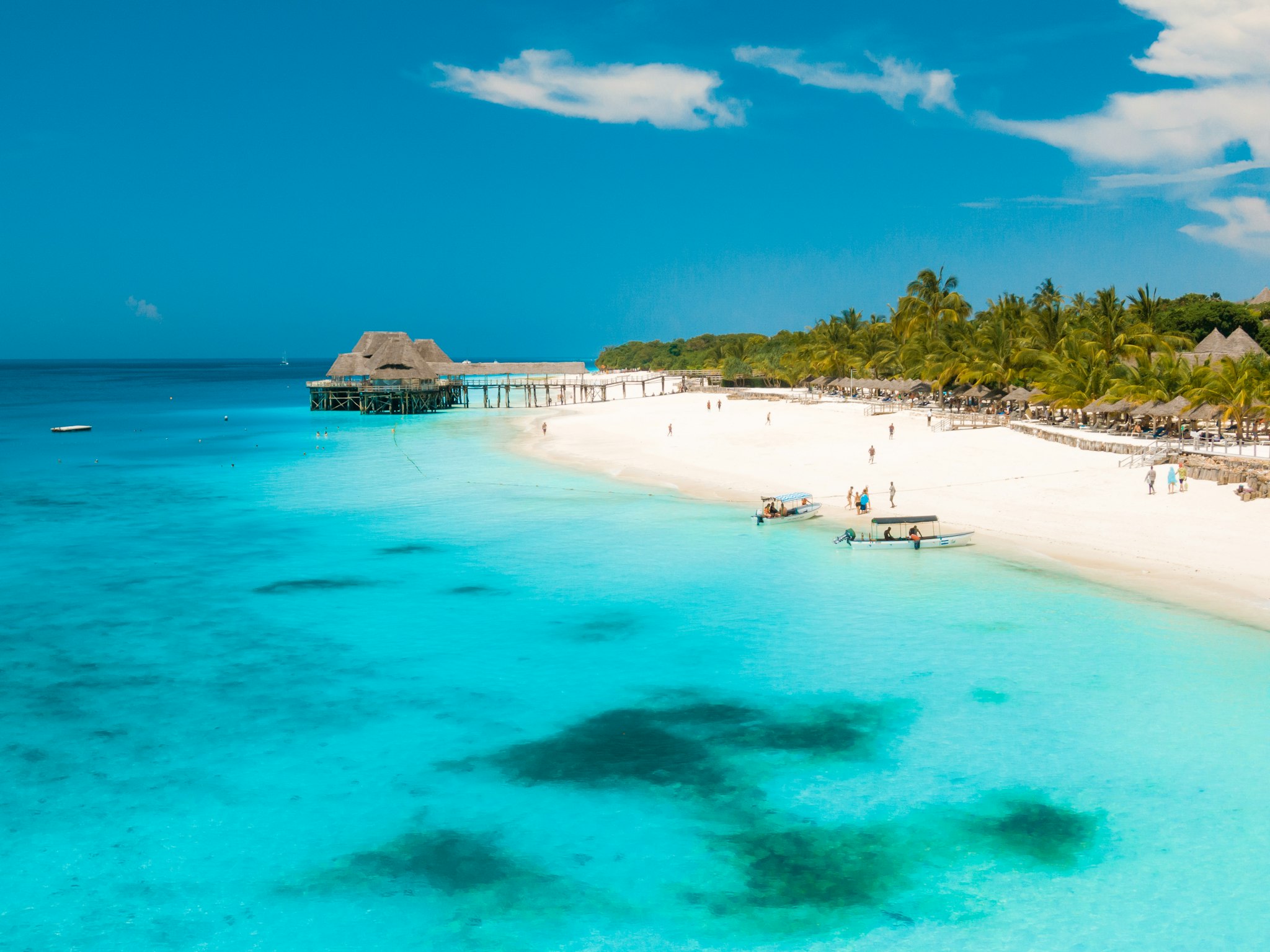 White sand beach with palm trees in Zanzibar, Tanzania