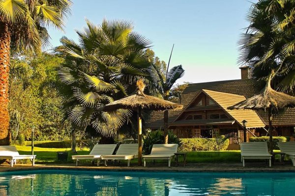Arumeru River Lodge pool and gardens near Arusha